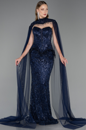 Robe de Soirée Longue Perlé Bleu Marine ABU6377