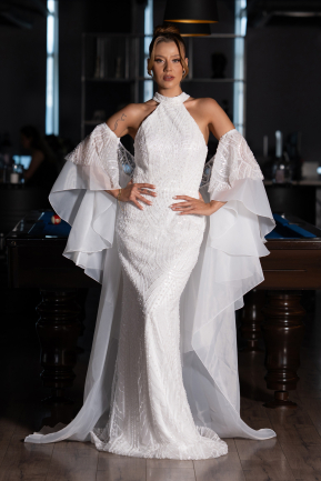 Robe de Soirée Longue Perlé Blanc ABU6348