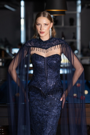 Robe de Soirée Longue Perlé Bleu Marine ABU6377