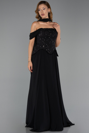 Robe de Soirée Longue Mousseline Noir ABU6390