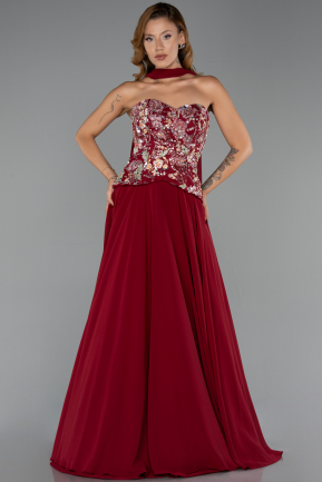 Robe de Soirée Longue Mousseline Rouge Bordeaux ABU6391