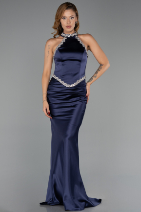 Robe de Soirée Longue Satin Bleu Marine ABU6396