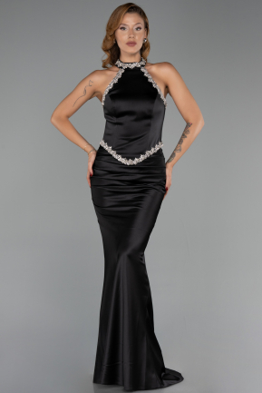 Robe de Soirée Longue Satin Noir ABU6396