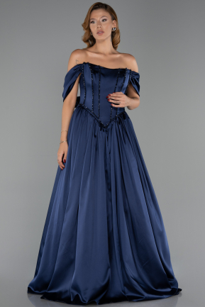 Robe de Soirée Longue Satin Bleu Marine ABU6399