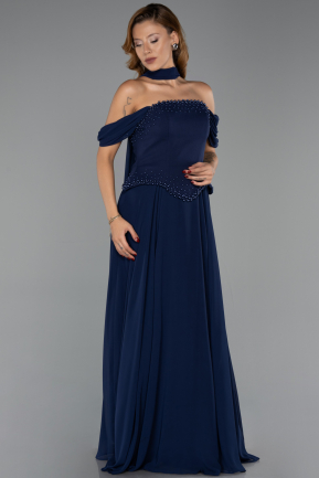 Robe de Soirée Longue Mousseline Bleu Marine ABU6400