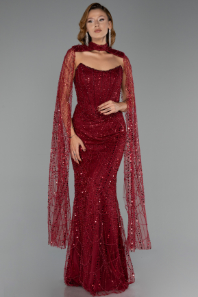 Robe de Soirée Longue Perlé Rouge Bordeaux ABU6401