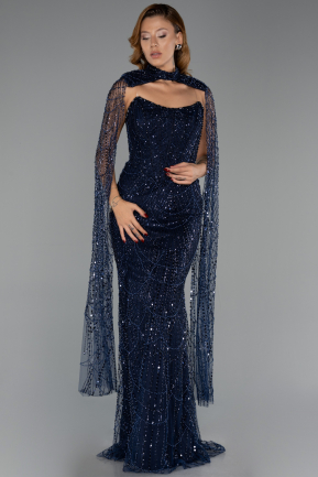 Robe de Soirée Longue Perlé Bleu Marine ABU6401
