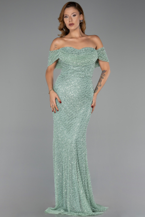 Robe de Soirée Longue Perlé Menthe ABU6411