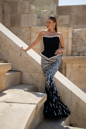 Robe Haute Couture Longue Squameuse Noir ABU5953
