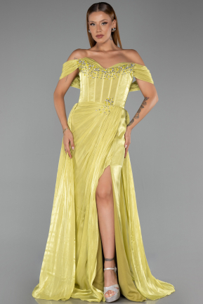 Robe De Soirée Mousseline Longue Pistache vert ABU6478