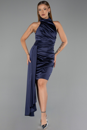 Robe De Soirée Courte Satin Bleu Marine ABK2674