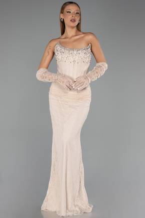 Robe de Soirée Longue Dantelle Beige ABU5717