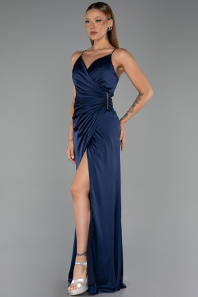 Robe de Soirée Longue Satin Bleu Marine ABU6427