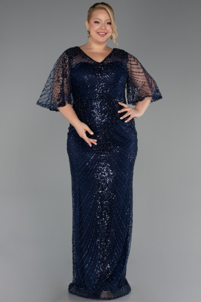 Robe de Soirée Grande Taille Longue Perlé Bleu Marine ABU6389