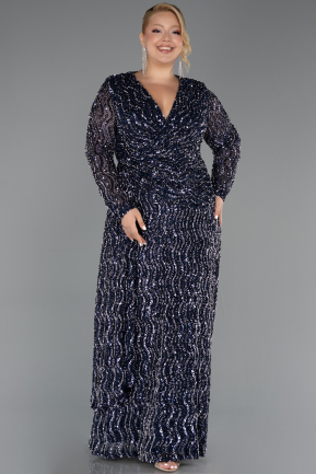 Robe De Soirée Grande Taille Longue Squameuse Bleu Marine ABU6488