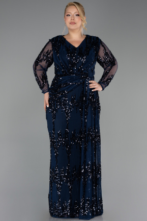 Robe De Soirée Grande Taille Longue Squameuse Bleu Marine ABU6493