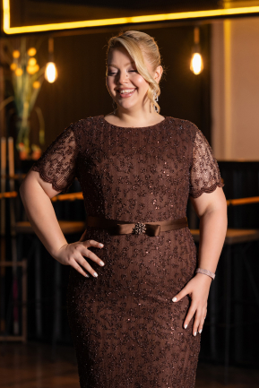 Robe De Invitation Grande Taille Midi Dantelle Brun ABK2673