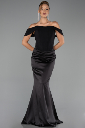 Robe Queue de Poisson Longue Satin Noir ABU6525
