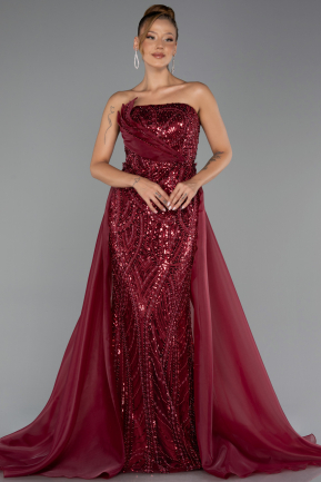 Robe de Soirée Longue Perlé Rouge Bordeaux ABU5511
