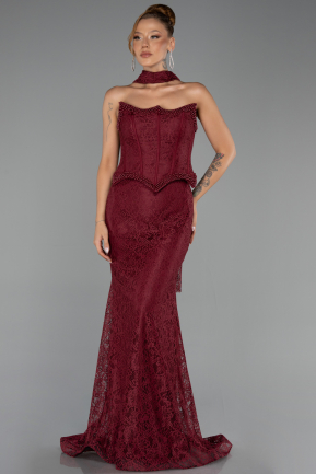 Robe de Soirée Longue Dantelle Rouge Bordeaux ABU6487