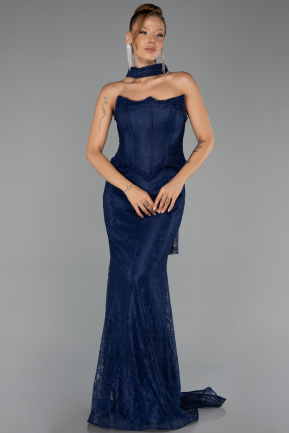 Robe de Soirée Longue Dantelle Bleu Marine ABU6487