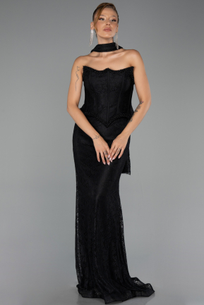 Robe de Soirée Longue Dantelle Noir ABU6487