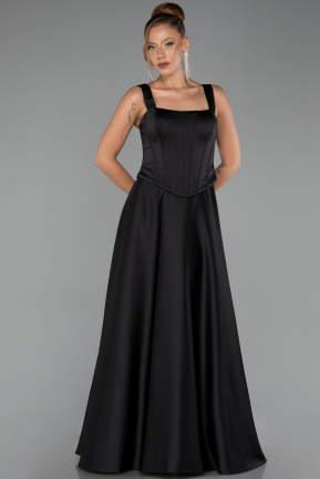 Robe de Soirée Longue Satin Noir ABU6527
