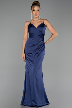 Robe de Soirée Longue Satin Bleu Marine ABU6499