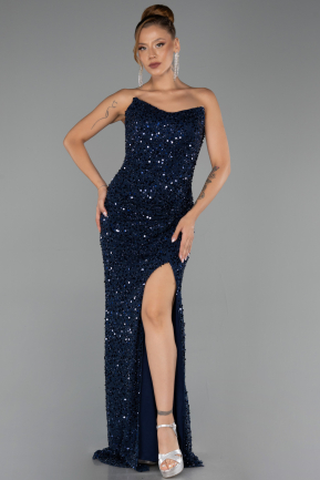 Robe de Soirée Longue Squameuse Bleu Marine ABU6503