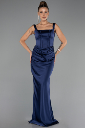 Robe de Soirée Longue Satin Bleu Marine ABU6542