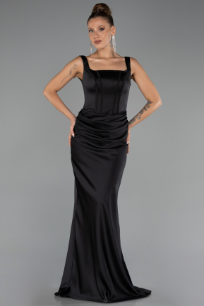 Robe de Soirée Longue Satin Noir ABU6542