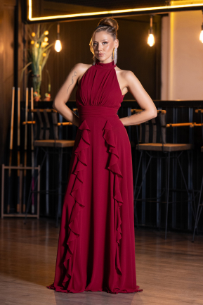 Robe de Soirée Longue Mousseline Rouge Bordeaux ABU6506
