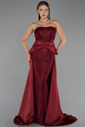 Robe de Soirée Longue Dantelle Rouge Bordeaux ABU5615