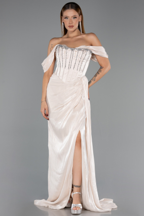 Robe de Soirée Longue Mousseline Beige ABU6496