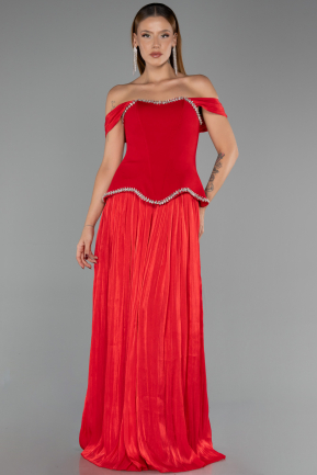 Robe de Soirée Longue Mousseline Rouge ABU6203