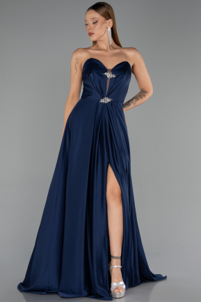 Robe de Soirée Longue Satin Bleu Marine ABU6553