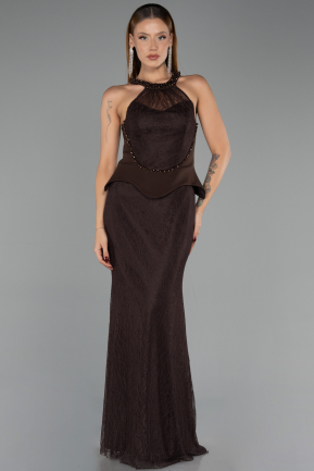 Robe de Soirée Longue Dantelle Brun ABU6425