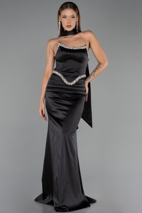Robe de Soirée Longue Satin Noir ABU6554