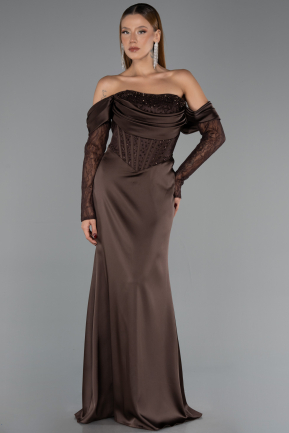 Robe de Soirée Longue Satin Brun ABU6555