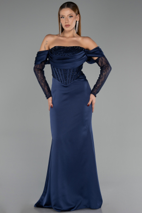 Robe de Soirée Longue Satin Bleu Marine ABU6555