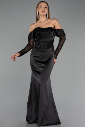 Robe de Soirée Longue Satin Noir ABU6555