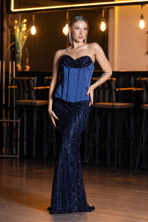 Robe de Soirée Longue Squameuse Bleu Marine ABU6556
