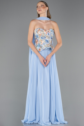 Robe de Soirée Longue Mousseline Bleu clair ABU6391