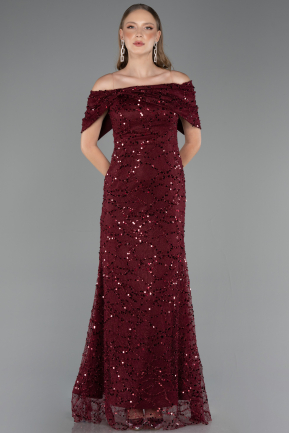 Robe de Soirée Longue Dantelle Rouge Bordeaux ABU6119