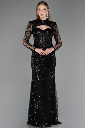 Robe de Soirée Longue Perlé Noir ABU6564