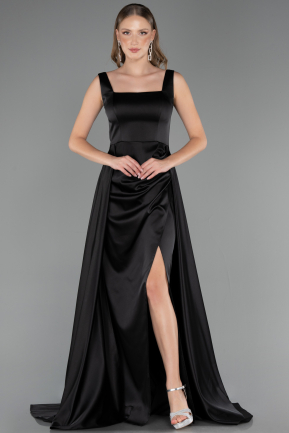 Robe de Soirée Longue Satin Noir ABU6572