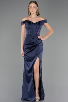 Robe Queue de Poisson Longue Satin Bleu Marine ABU6574