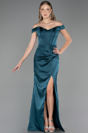 Robe Queue de Poisson Longue Satin Vert Pétrole ABU6574