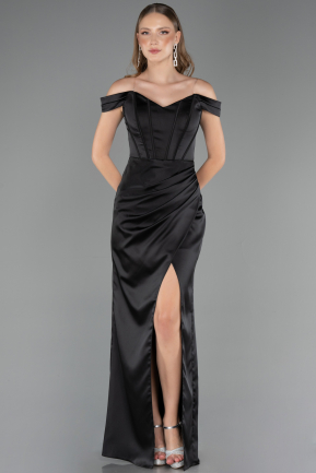 Robe Queue de Poisson Longue Satin Noir ABU6574