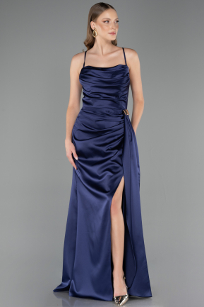Robe de Soirée Longue Satin Bleu Marine ABU6584